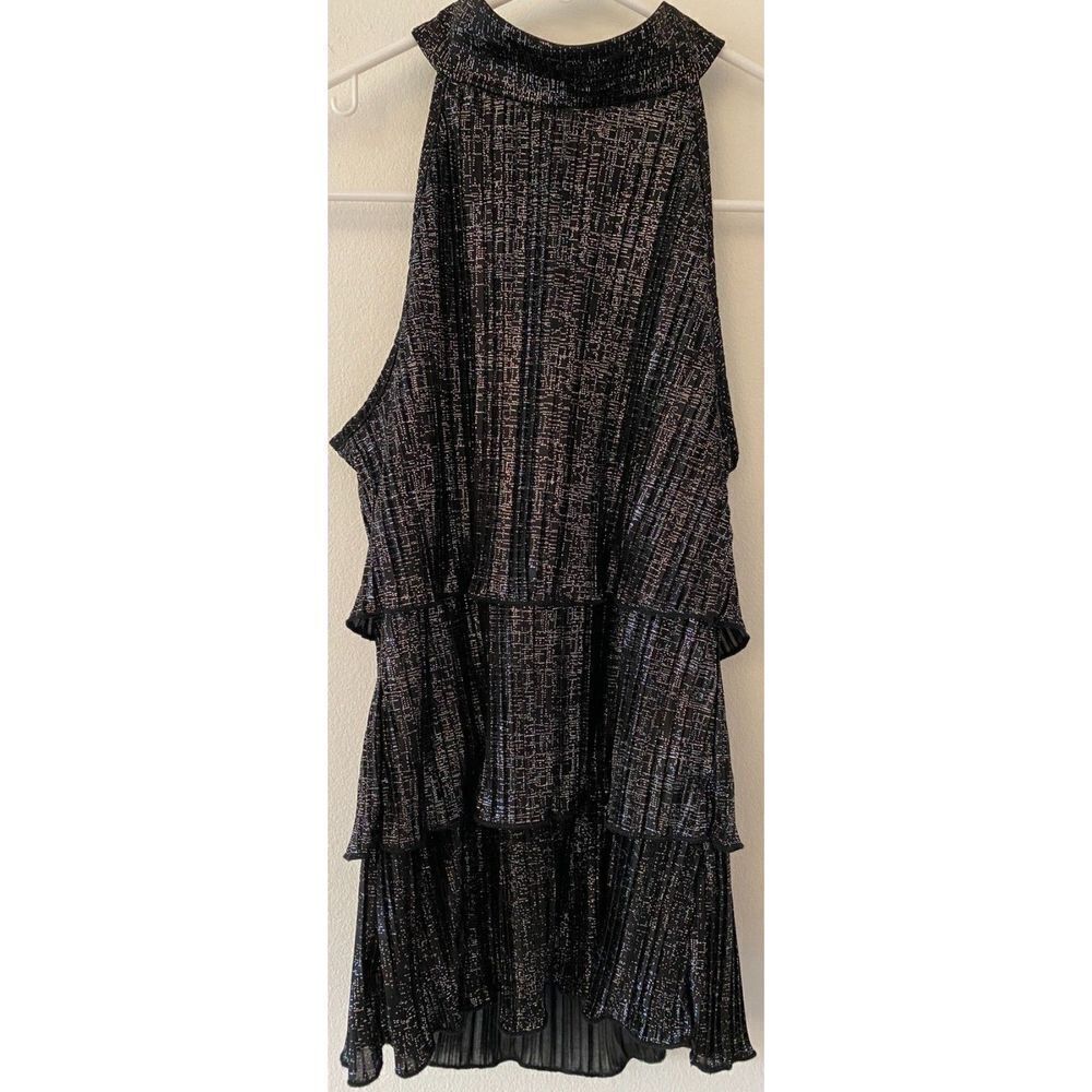 Soulmates Black Silver Shimmer High Collar Ruffle Layered Women's Sz S Tank Top